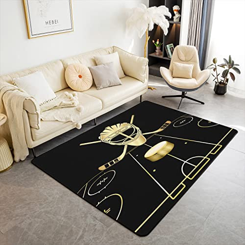 Kinder Eishockey Weich Teppich 150x200cm Wetterfest Mädchen Winter Sports Thema Modern Teppich Golden Schwarz Hockey Punk Spiele WohnzimmerTeppich für Küche und Balkon Sportler Competitive Bodenmatte