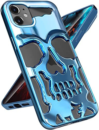 Phonebliss for iPhone 11 Phone Case for Men, Skull Skeleton Women Cool Gothic Cases for Boy Girls, Goth Hollowed Designer Plated Cover for iPhone 11 Blue