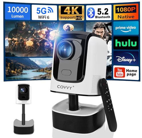 COVVY Retractable Projector with Pan-Tilt,Full HD 1080P Home Theater Video Projector with WiFi & Bluetooth,Support 4K,Portable Outdoor Home Cinema for Android/Smartphone/Tablet/PC/TV Stick(White)