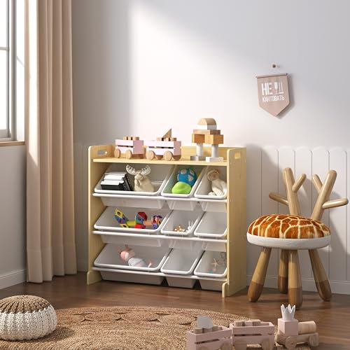 Generic Kids Toy Storage Organiser, 9-Shelf Modern Toy Box Organiser, Bedroom, Playroom, Nursery (Grey Wood With White Bins)