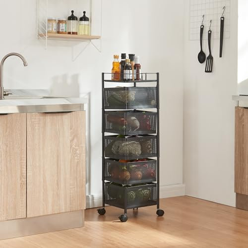 [en.casa] Rollwagen Sunndal mit 5 Ebenen mehrlagiges Küchenregal mit Rädern Servierwagen aus Stahl ausklappbare Körbe Regal für Küche, Bad 94,5x27x27cm Schwarz