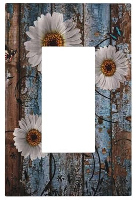 1-Gang-Einzeldekorator GFCI/Wipp-Lichtschalter-Abdeckung, Wandplatte, rustikaler Landhausstil, weiße Gänseblümchen, Blumen auf Holz, elektrische Steckdose, dekorative Steckdosenabdeckung für Dimmer,