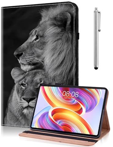 Hülle für Amazon Fire HD 10 Tablet (9. Gen 2019 & 7. Gen 2017) mit Stylus, Fire HD 10 2019/2017 Hülle Ständer, PU Leder Wallet Cover Case mit Kartenschlitz -Löwe