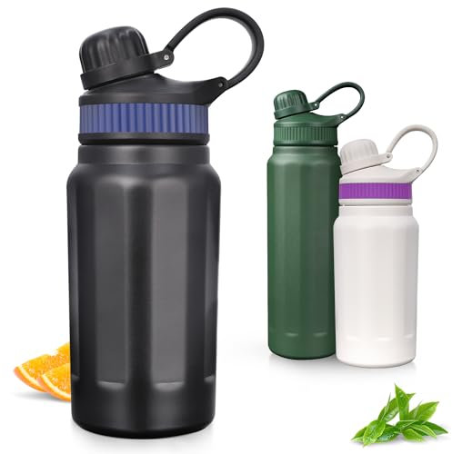 Gourde pour les déplacements, gourde de sport, gourde en acier inoxydable 500 ml avec paille, 3 bandes en silicone, sans BPA, 100% étanche, gobelet isotherme adapté aux adultes, fitness, extérieur