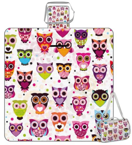 Mularoka Picknickdecke mit Eule, gepunktet, wasserdicht, sanddicht, faltbar, Stranddecke, 150 x 145 cm, extra groß, tragbar, waschbar, Outdoor-Matte für Camping, Park, Gras, Wandern, Reisen