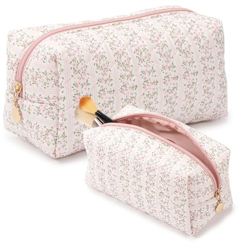Make-up-Tasche mit Blumenmuster, Baumwolle, Kokette, ästhetische Make-up-Tasche, gesteppt, großes Fassungsvermögen, Reise-Kosmetiktasche, Kulturbeutel, Wasch-Organizer, Tasche für Damen und Mädchen,