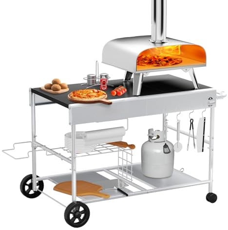 Denmay 128 x 66 x 78 cm - Chariot de barbecue pour la série Weber Q, Ninja Woodfire, four à pizza, barbecue de table, four à pizza, chariot de service avec grande surface de travail, table de barbecue