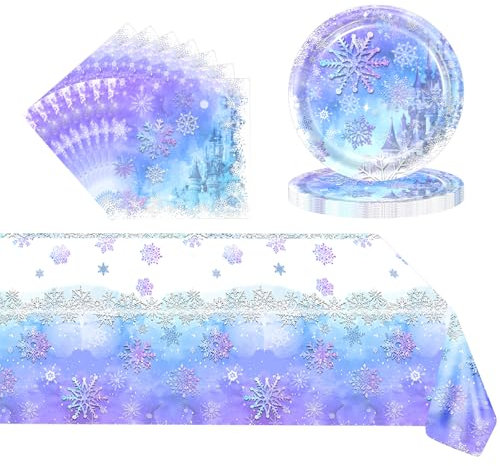 POPOYU 37P Vaisselle de Fête en Papier de Flocon de Neige -16x Assiette Reine Des Neiges,20 x Serviettes,Nappe de Frozen,Ensemble de Vaisselle pour Anniversaire Reine Des Neiges Décoration(16 invités)
