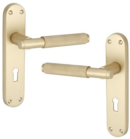 Infinity Decor Pair of Knurled Lever on Keyhole Backplate Lock Door Handles Set - Ideal for Interior & Exterior Doors (Satin Brass)