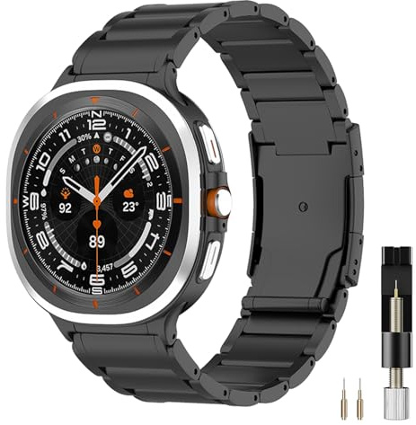 Miimall Titanarmband Kompatibel mit Samsung Galaxy Watch Ultra 47mm Armband 2025 2024, Titanstahl Metall Doppelte Faltschließe Verstellbares Armbänder für Galaxy Watch Ultra 47mm-Schwarz