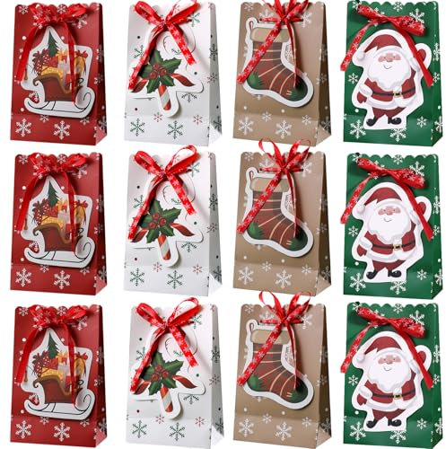 12 Stück Geschenktüten Weihnachten, Geschenktüten Papier Weihnachten, Weihnachtstüten Papier, Weihnachts Süßigkeiten Plätzchen Boxen für Geschenkverpackung Dekorationen