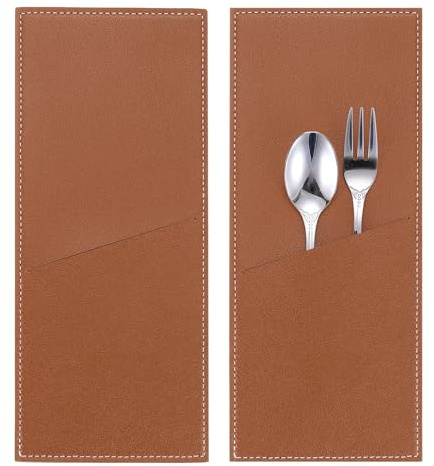 sourcing map 2 fundas de cuero para cubiertos, cubiertos y cubiertos, para cuchillos y tenedores, fundas de almacenamiento para mesa de comedor, hogar, cocina, decoración de mesa, color marrón