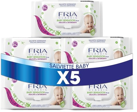 Fria Classic Baby Sensation Salviette per Cambio Pannolino, con Estratto di Camomilla ad Effetto Detergente sulla Pelle, Dermatologicamente Testate, 5 ConfezionI da 72 Salviette