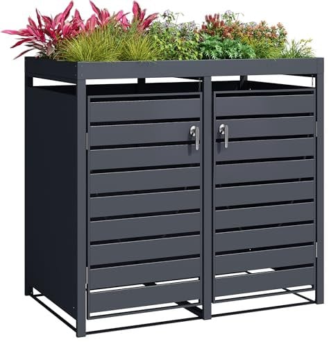 Double Wheelie Bin Steel Storage with Planter Roof - Anthracite Outdoor Trash Can Storage - Size 80D x 132W x 124H centimetres