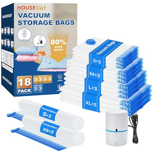 HOUSE DAY 18 Pack Vacuum Storage Bags with Electric Pump, Valve, Space Saver Vacuum Seal Bags for Clothing, Comforters, and Travel Essentials 3 Jumbo,3 Large,3 Medium,3 Small/3 Small,3 XS Roll Up Bag