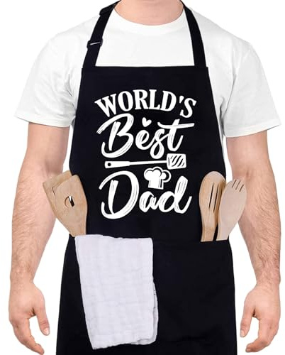 saerryor Funny Aprons for Men with Pockets, World's Best Dad Men's Apron for BBQ Kitchen Baking Cooking, Funny Gift for Husband, Dad, Grandad