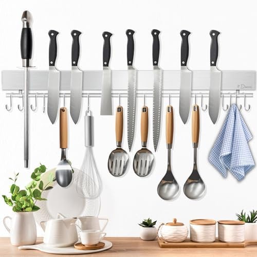 Dmore Magnetleiste Messer mit 15 Haken, 59 cm Messerhalter magnetisch aus Edelstahl, Magnet Messerhalter mit extra Starkem Magnet, inklusive Klebeband und Schrauben