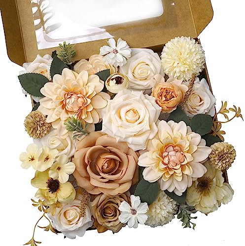 Set di Scatole Combinate di Fiori, Artificiali Fiori Finti con Steli, Rose Peonie Capolini Fiori di Seta per Bouquet da Sposa Fai da te Piani da Tavolo Decorazioni per Feste la Casa, Champagne