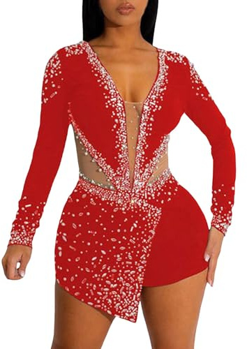 Damen Jumpsuit Pailletten Elegant Festlich Playsuit Overall Party Glitzer Hochzeit Hosenanzug Lang Romper Langarm Einteiler Casual Clubwear Jumpsuits