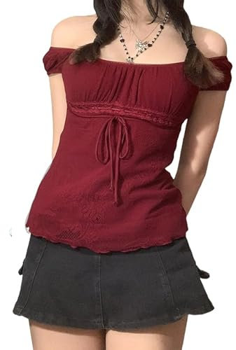 Fiacafyo Women Y2k Fairy Grunge Crop Tops Ruffle Short Sleeve Off Shoulder Blouse Slim Fit 90s Aesthetic T-Shirt Streetwear (G-Red, M)