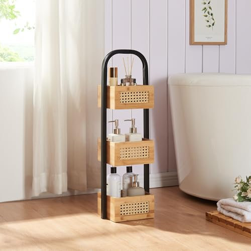 [en.casa] Badezimmerregal Tervola Bambus Regal Badregal mit 3 Körben Standregal 73 x 23 x 19 cm Badmöbel Metallgestell Rattan-Optik/Schwarz
