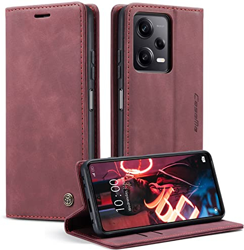 WJXEXRS Handyhülle für Xiaomi Redmi Note 12 Pro 5G/Poco X5 Pro 5G Hülle Premium Leder Schutzhülle Klappbar mit Kartenfach Ständer Magnet Handytasche mit Flip Case Klapphülle für Note 12 Pro 5G-Weinrot