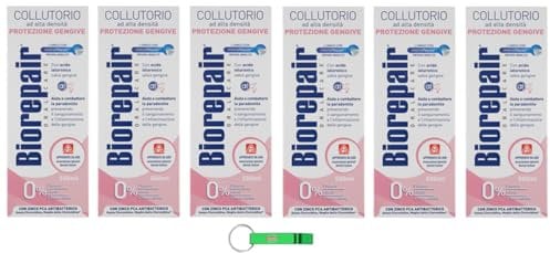 6x Biorepair, Collutorio Protezione Gengive - Mundspülung Mundwasser mit Hoher Dichte, Schutz vor Zahnfleischbluten, Fluoridfrei, alkoholfrei 500ml + Beni Culinari Kostenloser Schlüsselanhänger