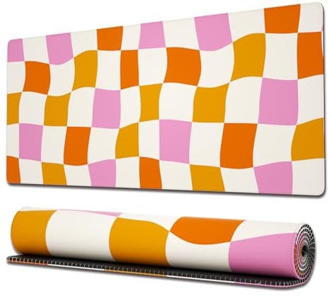 Ovenbird Gaming Mouse Pad with Stitched Edges, Retro Checkerboard Large Mouse Pad, Extended XL Cute Mousepad Gaming with Anti-Slip Base, 31.5 x 11.8 in, Coral
