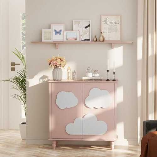 UEV Sideboard mit 2 Türen, Kommode mit Wollenmuster, Schrank für Schlafzimmer Wohnzimmer Flur 80 x 40 x 77cm Rosa und Weiß