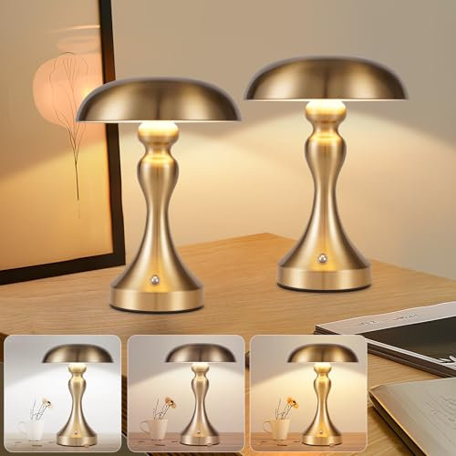 meoaow Tischlampe Kabellos Nachttischlampe 2er Set - LED Akku Tischleuchte Touch Dimmbar Retro Vintage Gold Bronze Lampe mit USB Aufladbar Batterie Tischlampen für Fensterbank Wohnzimmer Schlafzimmer