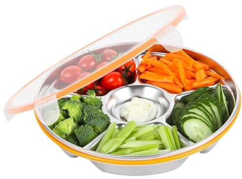 Hperu Geteilte Servierschale mit Deckel 6 Fächer - luftdicht Edelstahl Snack Box für Partyplatten -Vorspeisen Desserts Snacks
