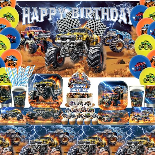 Obussgar Monster Truck Geburtstagsparty-Dekorationen – Monster Truck Partyzubehör einschließlich Hintergrund, Teller, Kuchendekoration, Becher, Serviette, Tischdecke – für 20 Personen (BJ)