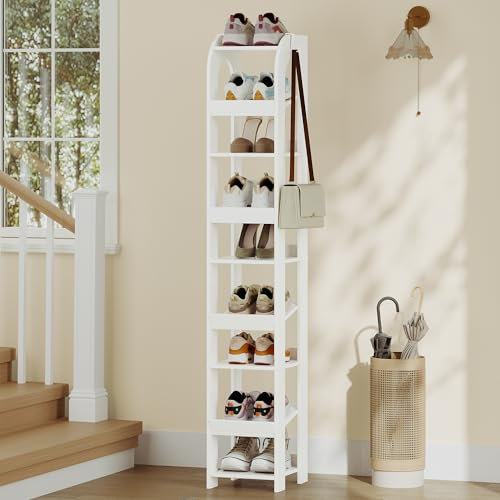 Hzuaneri Vertikales Schuhregal, 9 Ebenen Schmale Schuhregale, Holz-Schuh-Organizer für Schrank, Eingang, Schuhturm für Kleine Räume, Freistehend, Verstellbar, mit Haken, Weiß SR12903X