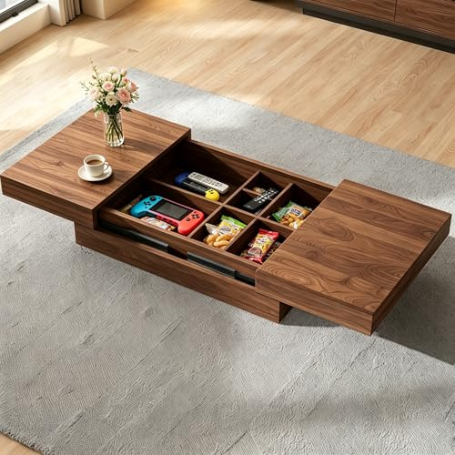 GildedGrove Vintage Extending Coffee Table with Hidden Storage, Walnut Finish & Sliding Top (120-208 cm), Space Saving Sofa Table for Compact Living Rooms and Flats