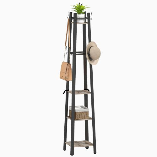 HOMCOM Coat Stand 4 Tier Freestanding Coat Rack 8 Hooks 4 Shelves Grey | 8 Hooks, 4 Shelves, for Clothes, Bags, Hats, Industrial Clothing Organiser, Home, Entryway, Hallway, Bedroom