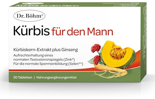 Dr Böhm Kürbis für den Mann - mit Ginseng & Selen, 30 Tabletten | Mit Kürbiskernextrakt aus Steirischem Ölkürbis - Laktosefrei, Glutenfrei - plus Lycopin und Selen für Männer ab 40 Jahren