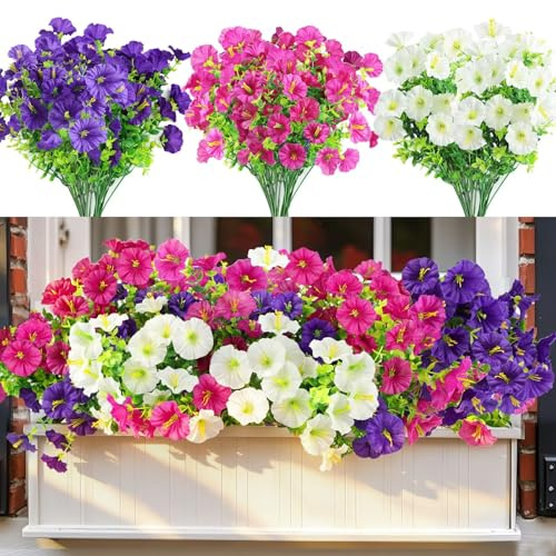 inreeme Artificial Fake Flowers for Outdoor Decoration 3 Colors 12 Bundles | Silk Faux Flowers Look Real, UV Resistant Realistic Plastic Plants for Vase, Garden, Window, Pots, Hanging Basket Decoration