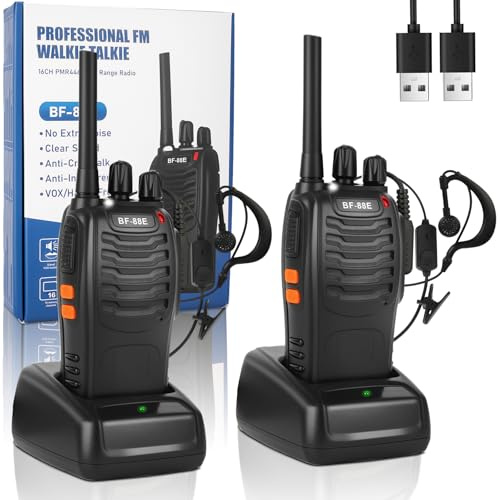 JUAUO 2Pcs Long Range Walkie Talkies Two Way Radios for Adults | 16 Channels, 1500mAh USB Rechargeable Battery, PMR446, Hands-Free VOX, with Earpieces, LED Flashlight
