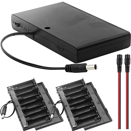 HAAMNING7 AA 12V Battery Holder Case with 2.1mm x 5.5mm DC Plug Switch, 12 Volt Power DC Jack Plastic Battery Box, 8 x 1.5V AA Battery Box On/Off Switch for Arduino RC LED Strips, 2 PCS