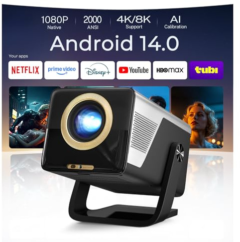 2026 Neuer 2000ANSI Beamer Smart Projektor Full HD Native 1080P Android14 Built-in Apps Autofokus/Keystone 4K Unterstützt, Projector Heimkino WiFi6&Bluetooth5.4,for iOS/Switch/PS5