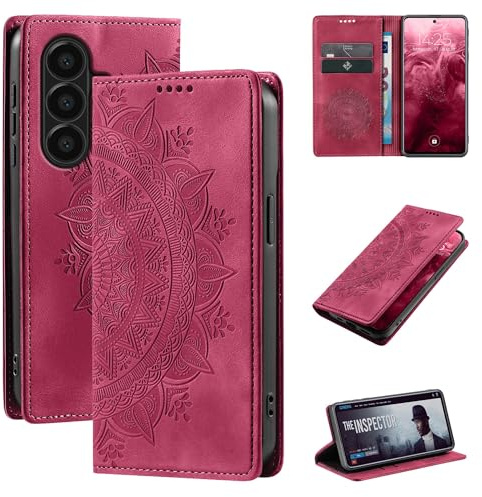 LBH Handyhülle für Samsung Galaxy A57 5G Mandala Klapphülle RFID Schutz Kartenfächer Geldfach Design Cover Case Flipcase Magenta Rot