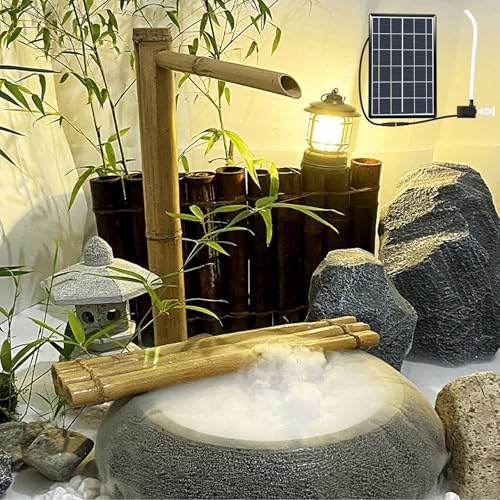 Fontaines D'extérieur en Bambou, Fontaines Solaires 6W avec Pompe, Traitement par Carbonisation, Fontaine Artisanale pour Jardin, Terrasse, Bassin, Balcon