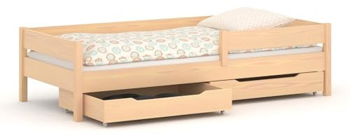 WNM Group Kinder Einzelbett Miki mit Schubladen, 4 Farben, viele verschiedenen Größen, Massivholz & Holz-Platte, 160x80, Gekalkte Eiche