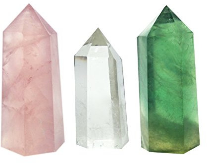Lot de 3 baguettes en cristal de guérison de 3 pierres, quartz rose, quartz transparent, fluorite, barres de prisme pointues et à facettes pour Reiki, chakra, méditation, thérapie et décoration