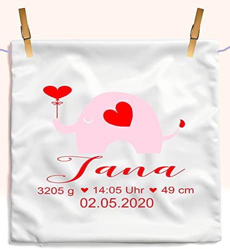 Babygeschenk mit Geburtsdaten personalisiert - Kissen mit Namen als Geschenk zur Geburt oder Taufe - Namenskissen für Baby's Jungen & Mädchen (Elefant Jana)