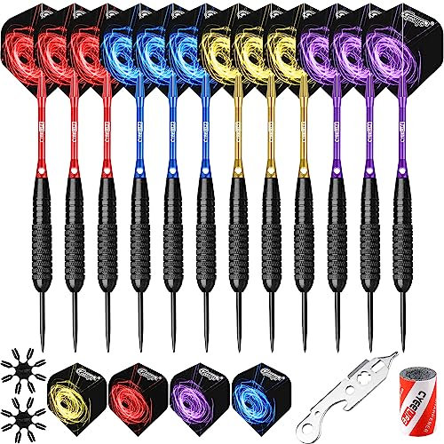 CyeeLife 22g Dartpfeile mit Metallspitze,12 Alu-Schäften+Sharpener+Werkzeug+16 Flights und 16 Flightkappen,Steeldarts Set