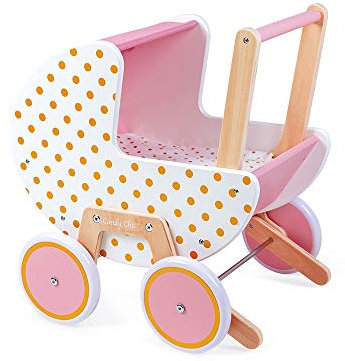 Janod - Holz Puppenwagen ‘Candy Chic’ - Kinderwagen mit Kissen und Decke - Abnehmbares Kippschutz System - Leise Gummiräder- Mit Babyzubehör - Ab 18 Monaten, J05886, Rosa/Weiß