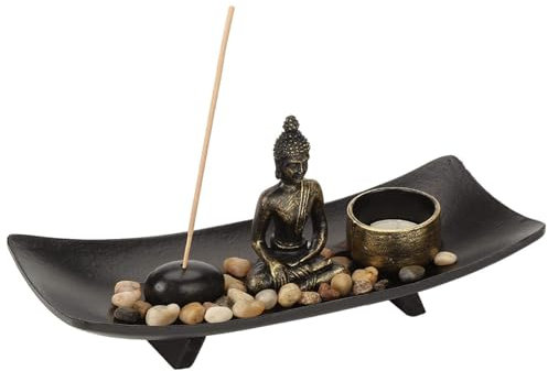 Jardin Zen Bouddha sur Plateau, Porte encens Brûleur D'encens Table avec Statue Bouddha, Photophore, Galets pour Décoration de Table