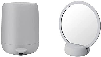 Blomus -SONO- Treteimer aus Kunststoff/Silikon, Microchip, 5L Fassungsvermögen, Soft-Close Deckel (30,5 x 28 x 23 cm, Microchip) & Kosmetikspiegel, Spiegel -SONO- Micro Chip/hellgrau