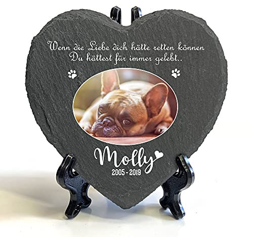 Individueller Personalisiert Herzform Tiergrabstein Schiefer Gedenkstein + Ständer für Hund, Katze und andere Haustiere Tiere - Größe | 10 x 10 cm | - Ovales Foto